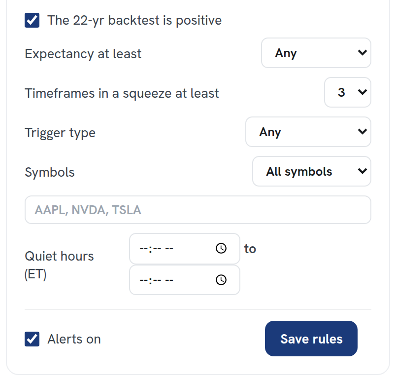 The Only when filter panel for a squeeze alert
