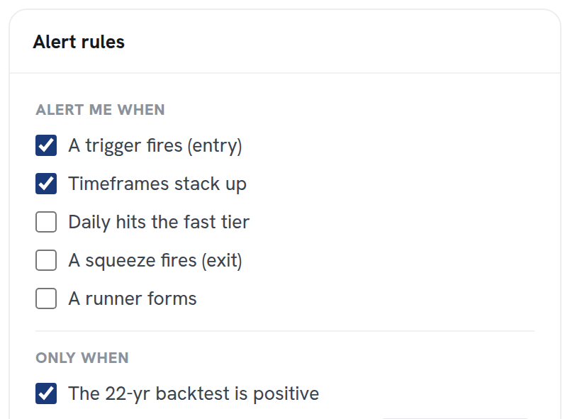 The Alert me when section with checkboxes for each alert event